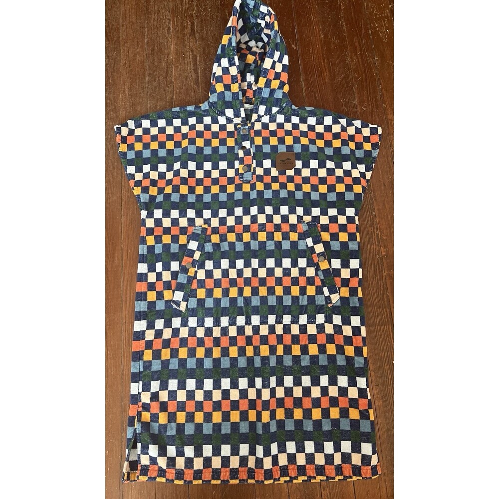 Men's Hooded Swim Poncho - Navy, Orange & White Check